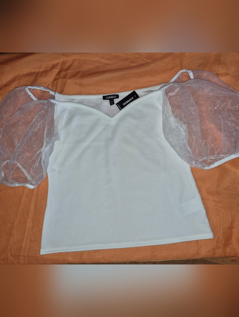 NWT Express White V-Neck Crop Top with Sheer Puff Sleeves